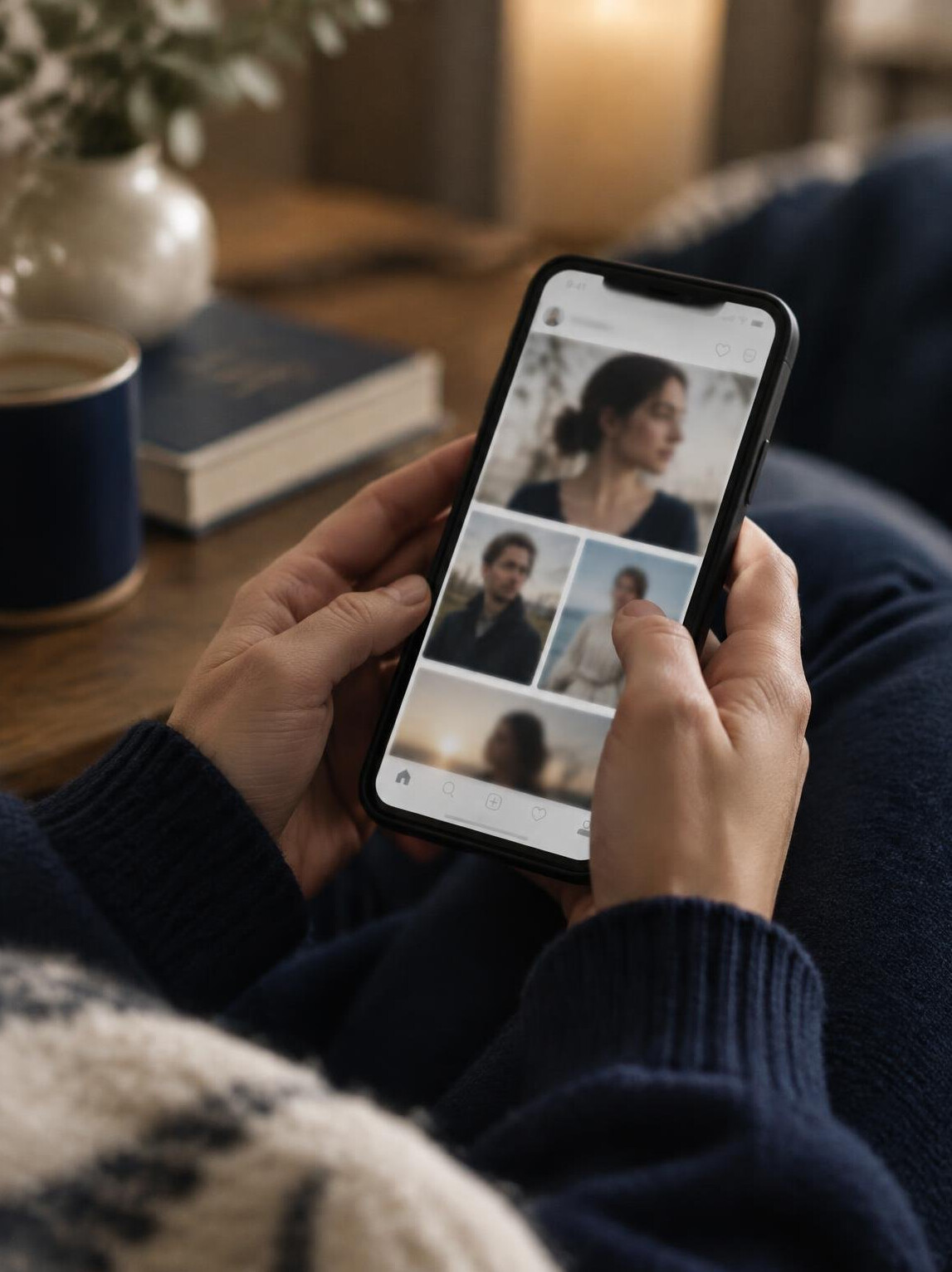 Person holding a smartphone and scrolling through a social media feed