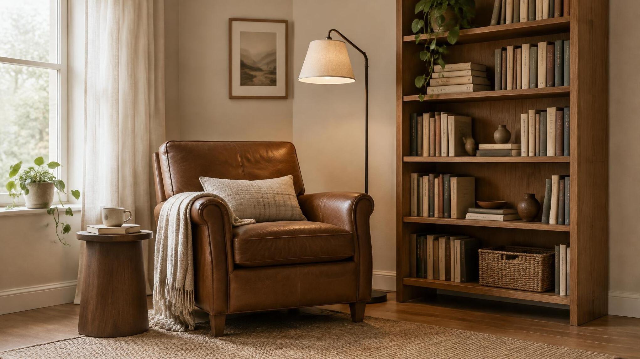 Quiet reading corner with an armchair, floor lamp and bookshelf