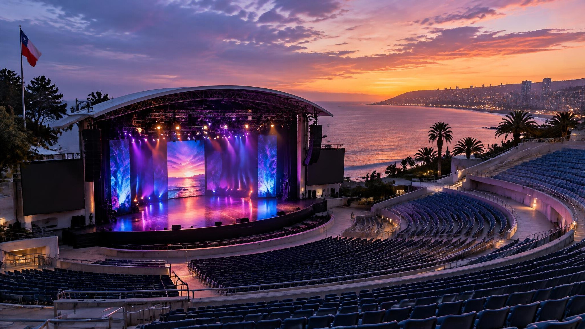 Large festival stage with colorful lights at an open-air amphitheater at night