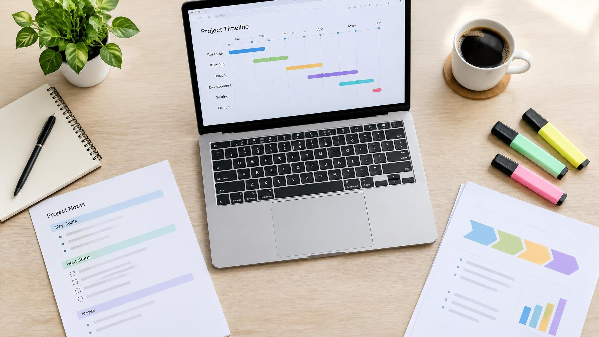 Laptop with research notes and documents on a bright desk